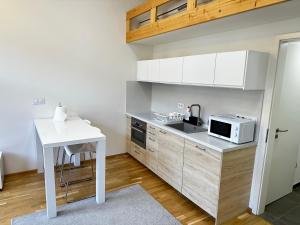 eine Küche mit einer Spüle und einer Mikrowelle in der Unterkunft LEX apartments Prague in Prag