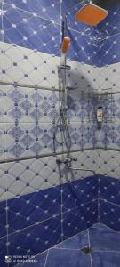 a blue and white tiled bathroom with a shower at Lerik Vista House in Lerik