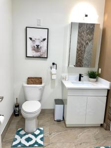 a bathroom with a toilet and a sink and a mirror at 45 William st Newark NJ in Newark