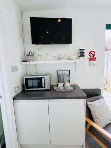 a small kitchen with a microwave and a plate on a counter at The Mudeford Gem Accommdation in Christchurch