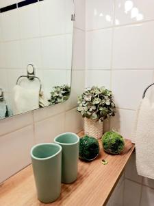 a bathroom with two green cups on a wooden counter at Ferienwohnung "Glücksplatzerl" in Mondsee
