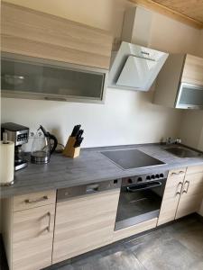 a kitchen with a sink and a stove top oven at Pension Quellenhof in Wegberg