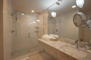 a bathroom with a shower and a sink and a mirror at Hotel Donaldson in Fargo