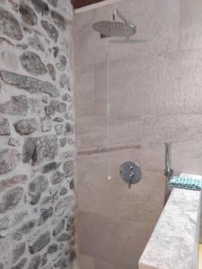 a shower in a bathroom with a stone wall at La medievale 1 in Pignone