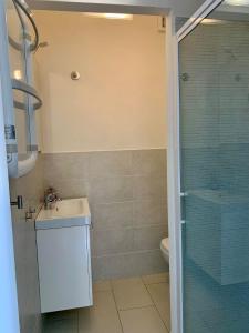 uma casa de banho com um WC, um lavatório e um chuveiro em casa fiorella em San Bernardino