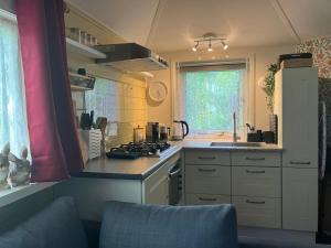 a small kitchen with a stove and a sink at B en B Op Steendam, Tuinkamer onder de appelboom in Steendam