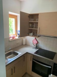 a kitchen with a sink and a stove top oven at Haus Pistenblick in Dienten am Hochkönig