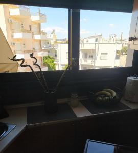 eine Vase, die auf einer Fensterscheibe mit einer Pflanze sitzt in der Unterkunft Lenia's seaside apartment in Faraí