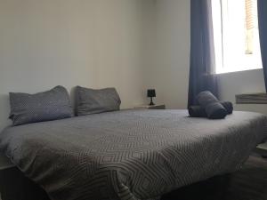 sypialnia z łóżkiem z kocem i oknem w obiekcie Appartement en entier w mieście Saint-Junien
