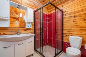 a bathroom with a shower and a toilet and a sink at Cirali La Maison Hotel in Kemer