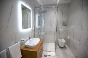 uma casa de banho com um chuveiro, um lavatório e um WC. em Ginger Home Tirana em Tirana