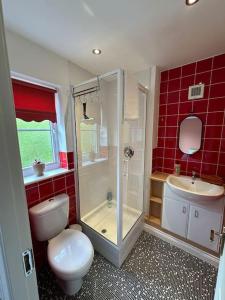 y baño con aseo, ducha y lavamanos. en Mmc serviced accommodation 2, en Leigh