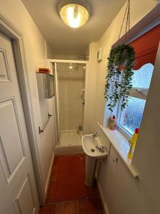 mała łazienka z umywalką i prysznicem w obiekcie Mmc serviced accommodation 2 w mieście Leigh