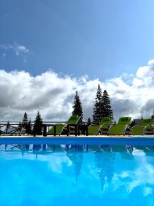 una piscina con sillas verdes y agua azul en Готель Вілла Драгобрат en Dragobrat