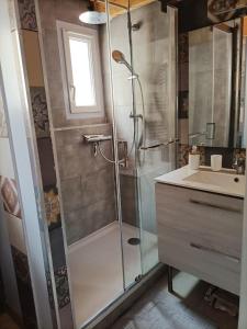 a bathroom with a shower and a sink at Fleur De Sel in Gruissan