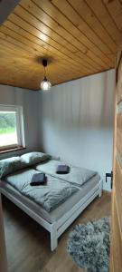 1 cama en un dormitorio con techo de madera en Bieszczadzkie Pola, en Wańkowa