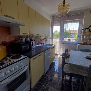 a kitchen with a stove and a sink and a table at Apartman West Side in Zaprešić
