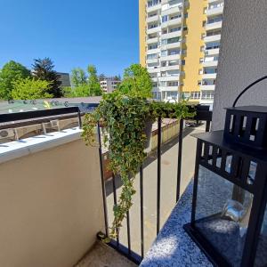 a plant on a railing on a balcony at Apartman West Side in Zaprešić