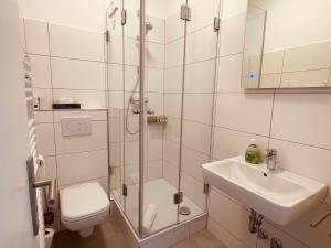 uma casa de banho com um chuveiro, um WC e um lavatório. em Fährhaus Kirschenland em Jork