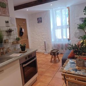 eine Küche und ein Wohnzimmer mit einem Sofa in der Unterkunft Studio Le clos des vins d'Anges in Saint-Pierre-des-Champs