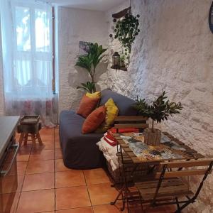 ein Wohnzimmer mit einem blauen Sofa und einem Tisch in der Unterkunft Studio Le clos des vins d'Anges in Saint-Pierre-des-Champs