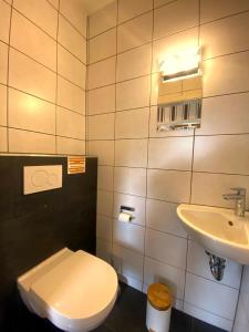 uma casa de banho com um WC branco e um lavatório. em Wohnung in Schmidt mit Grill und Garten em Nideggen