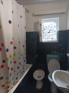 a bathroom with a toilet and a shower curtain at Marijana in Senj