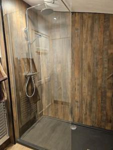 a shower with a glass door in a bathroom at Treetops Lodge, private parking & garden in Truro