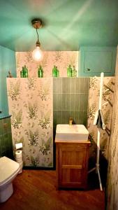 a bathroom with a sink and green bottles on the wall at Beautiful Mumbles/Gower cottage in Swansea