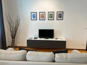 sala de estar con sofá y TV de pantalla plana en Game,set and LOVE -Loft nel cuore di Aosta cir0389, en Aosta