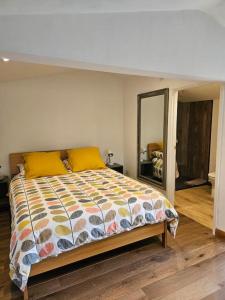 a bedroom with a bed and a large mirror at Treetops Lodge, private parking & garden in Truro