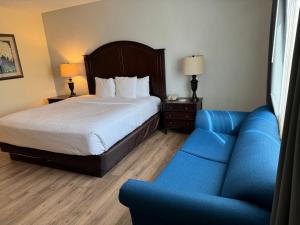 une chambre d'hôtel avec un lit et un canapé bleu dans l'établissement Hotel Americana, à Nogales