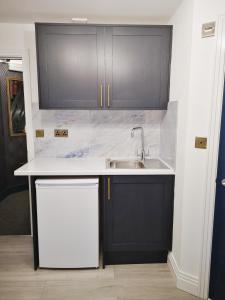 a kitchen with black cabinets and a sink at Stylish Studio minutes away from Wembley in London