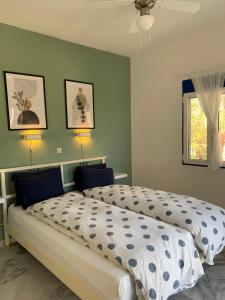 ミルトスにあるVilla Alikiの緑の壁のベッドルーム(ベッド2台付)