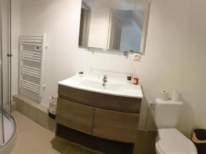 ein Badezimmer mit einem Waschbecken, einem WC und einem Spiegel in der Unterkunft Suite 2 chambres Salle de bain privée Terrasse 30min PARIS in Corbeil-Essonnes