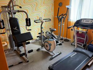 um ginásio com várias bicicletas de exercício numa sala em Maison d'hôte Soisy em Soisy-sur-Seine