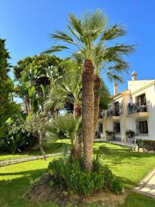 eine Palme vor einem Haus in der Unterkunft Precioso, luminoso y maravilloso apartamento con piscina junto al mar y la playa en Vera in Vera