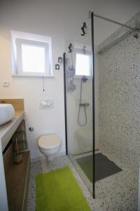 a bathroom with a shower with a toilet and a green rug at STUDIO MO in Opatija