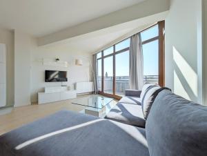 克拉科夫Turnau City Aparthotel的带沙发和大窗户的客厅