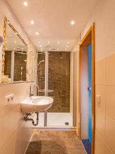 a bathroom with a sink and a shower at Schwarzwald Hotel Wiedenerhof in Wieden