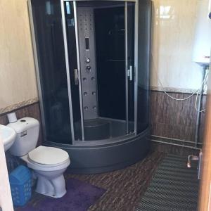 a bathroom with a shower with a toilet and a sink at Нур пансионат in Bosteri