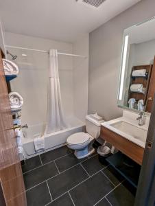 a bathroom with a toilet and a sink and a shower at Microtel Inn & Suites by Wyndham Rapid City in Rapid City