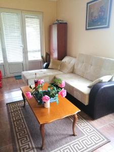 een woonkamer met een bank en een tafel met bloemen erop bij Apartment Dobra vila in Perućac