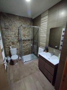 y baño con ducha, aseo y lavamanos. en Casa do Ribeiro en Chão de Couce