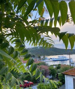 una vista de un cuerpo de agua desde un árbol en Erieta's House, en Ammoulianí