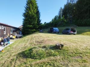 a large grassy field with cars parked in a yard at Penzion U Lipna in Přední Výtoň