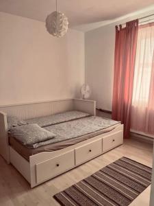 a bedroom with a large bed with a large window at Lorand's Place near the River in Cluj-Napoca