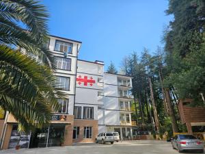 a large white building with a red cross on it at Hotel Nine Brothers in Batumi
