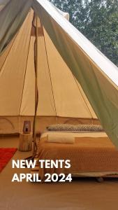 a tan tent with the words new tents april at Nature Retreat - Laurel Forest in Seixal