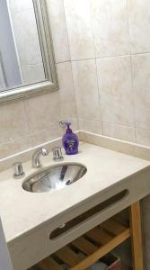 un lavandino in bagno con dispenser di sapone viola di Alto Ramon a Neuquén